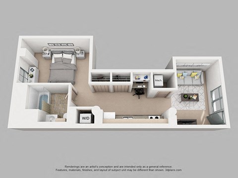 Floor plan for studio, 1 bath, 676 sqft